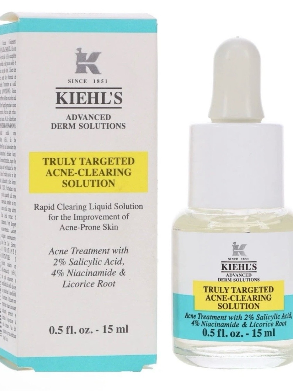 Kiehl's White, Yellow & Teal Acne Clearing Treatment Bottle